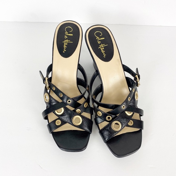 Cole Haan Black Strappy Wedge Leather Sandals - Picture 7 of 12